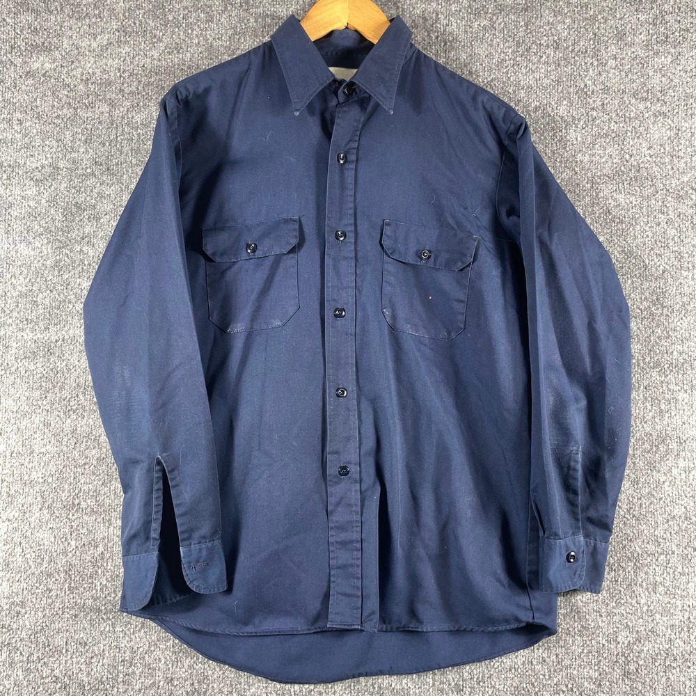 Vintage Sears Shirt Mens L Blue Workwear Long Sleeve Button Down Perma Prest 60s